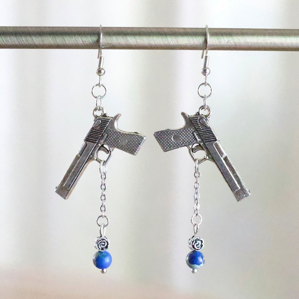 Handmade Pistol Dangle Earrings‎ Lapis Bead Western Edgy Handgun Drop Jewelry